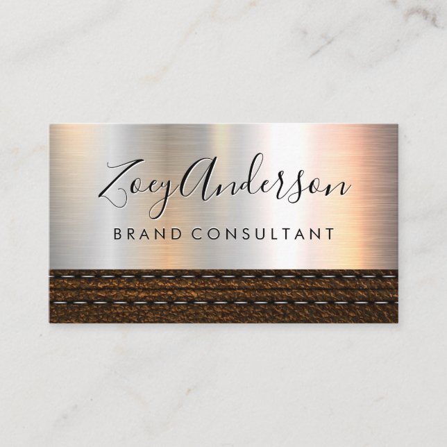 Metallic Brush Background | Brown Leather Business Card (Front)