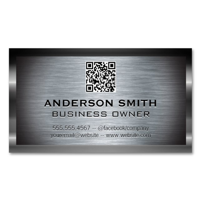 Metallic Brushed Background |  QR Code Magnetic Business Card (Front)