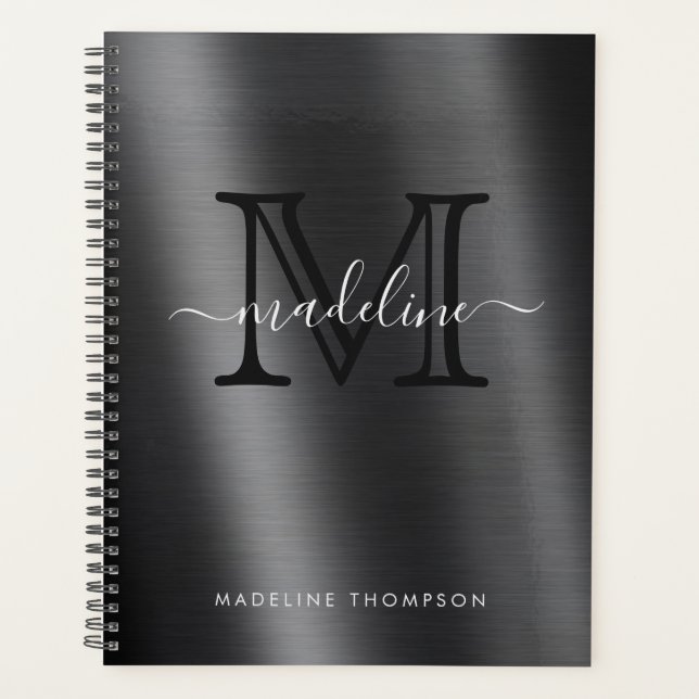 Metallic Brushed Black Monogram Elegant Script Planner (Front)