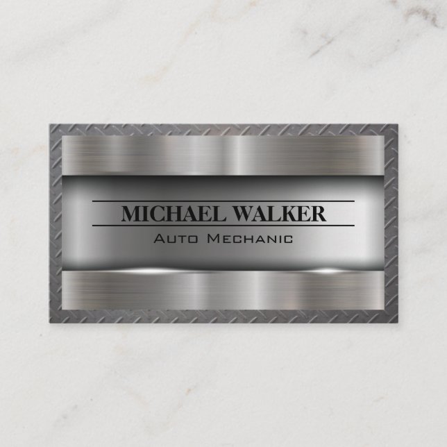 Metallic Brushed Industrial | Steel Pattern Border Business Card (Front)