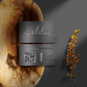 Metallic Brushed Steel Pale Pink Script Qr Code Business Card