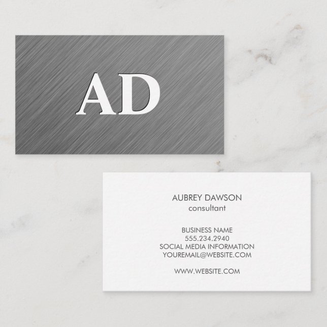 Metallic Brushed Texture | Monogram Business Card (Front/Back)