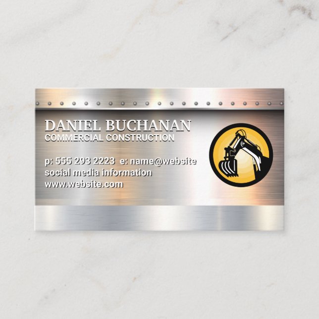 Metallic Brushed with Rivets | Bull Dozer Business Card (Front)
