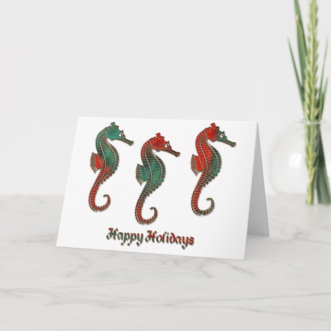Metallic Christmas Seahorse Trio Holiday Card (Front)