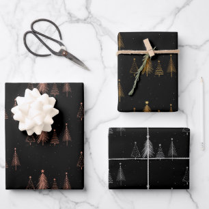 Metallic Christmas Trees Black Wrapping Paper Sheet