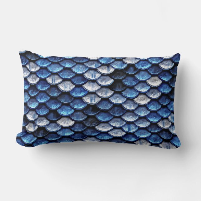 Metallic Cobalt Blue Fish Scales Pattern Lumbar Cushion (Front)