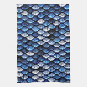 Metallic Cobalt Blue Fish Scales Pattern Tea Towel
