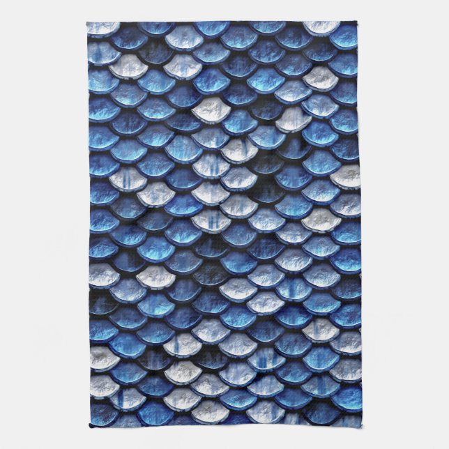 Metallic Cobalt Blue Fish Scales Pattern Tea Towel (Vertical)