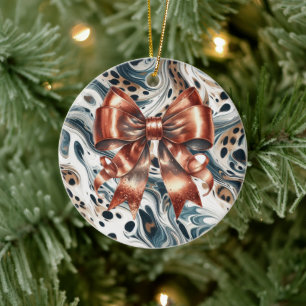 Metallic Copper Bow Leopard Backdrop Ceramic Ornament