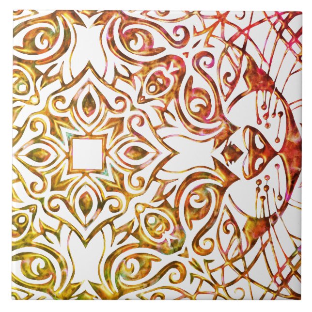 Metallic Copper Look Cat Art Cool Mandala Ceramic  Ceramic Tile (Front)