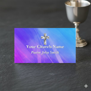 Metallic Cross Purple Church Pastor  Business Card