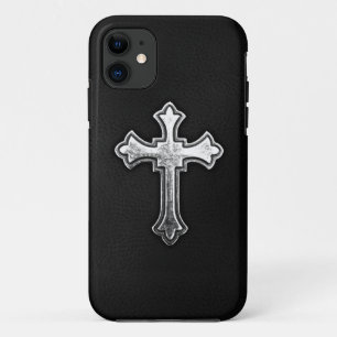 Metallic Crucifix on Black Leather iPhone 11 Case