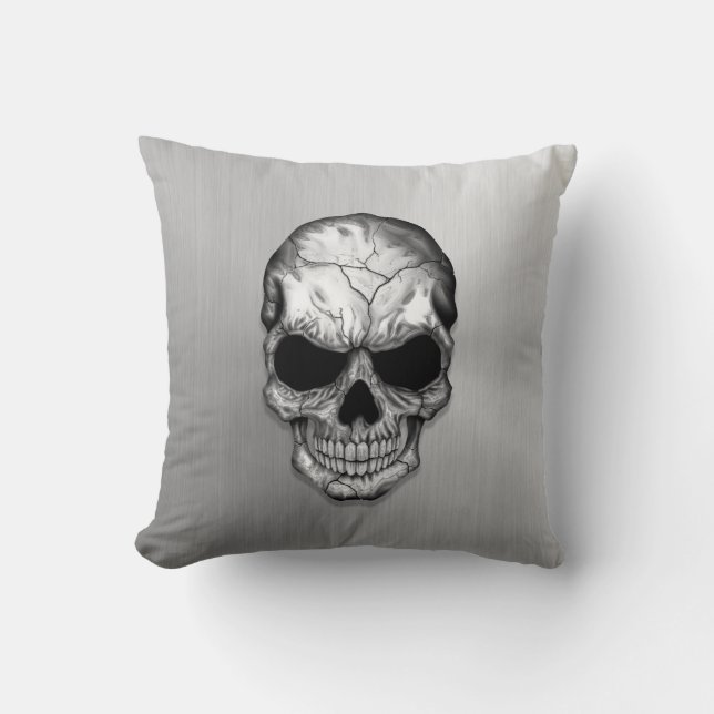 Metallic Crystal Skull on Stainless Steel Effect Cushion (Front)
