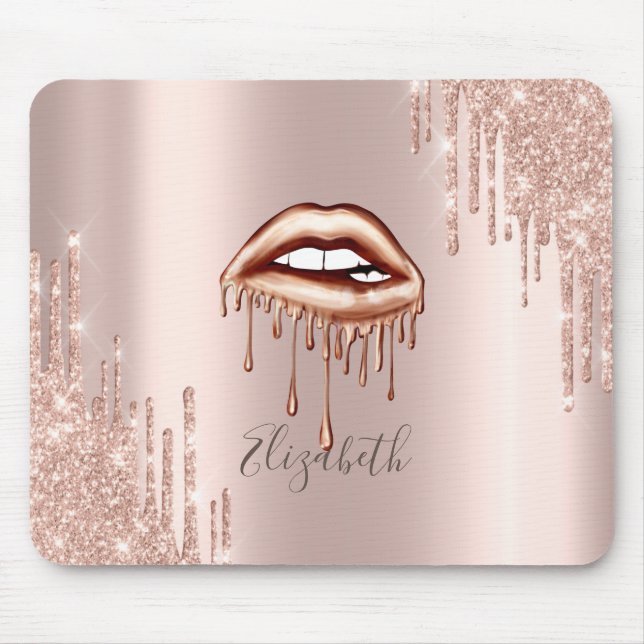 Metallic Dripping Lips,Rose Gold Glitter Drips  Mouse Pad (Front)