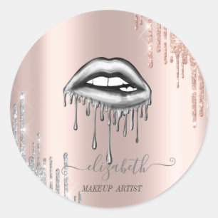 Metallic Dripping Lips,Rose Gold Silver Drips  Classic Round Sticker