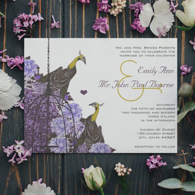Metallic Eggplant Mustard Vintage Peacock BirdCage Invitation (Creator Uploaded)