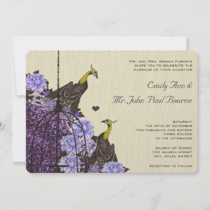 Metallic Eggplant Mustard Vintage Peacock BirdCage Invitation
