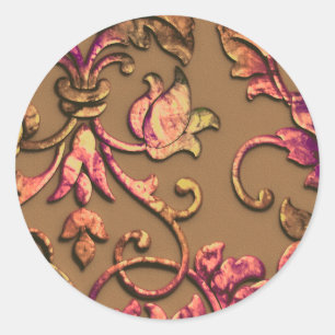 Metallic Embossed Look Damask Autumn Colours Classic Round Sticker