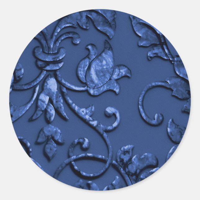 Metallic Embossed Look Damask in Blue Classic Round Sticker (Front)