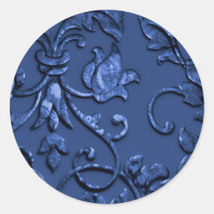 Metallic Embossed Look Damask in Blue Classic Round Sticker