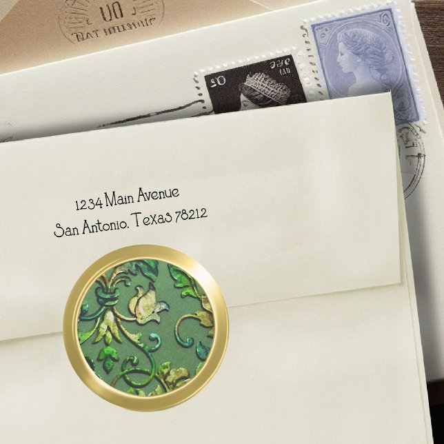 Metallic Embossed Look Damask in Green and Gold Classic Round Sticker (Creator Uploaded)