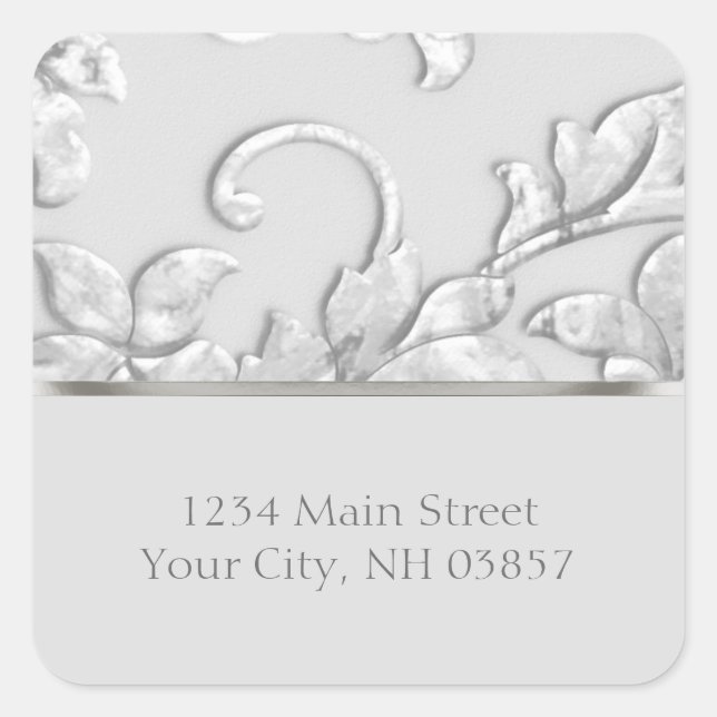 Metallic Embossed Look Damask in Silver Grey Square Sticker (Front)