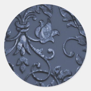 Metallic Embossed Look Damask in Slate Blue Classic Round Sticker