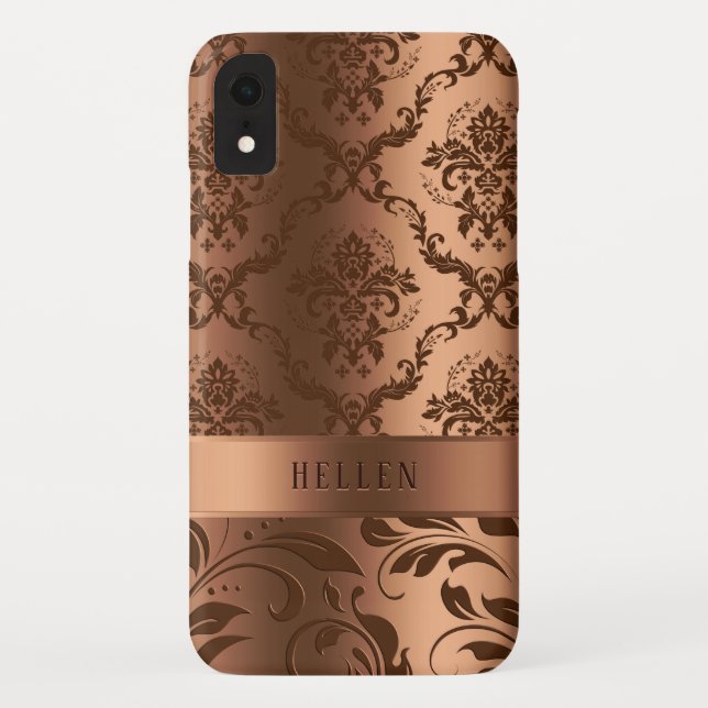 Metallic Faux Copper Brown Damasks Girly Design Case-Mate iPhone Case (Back)