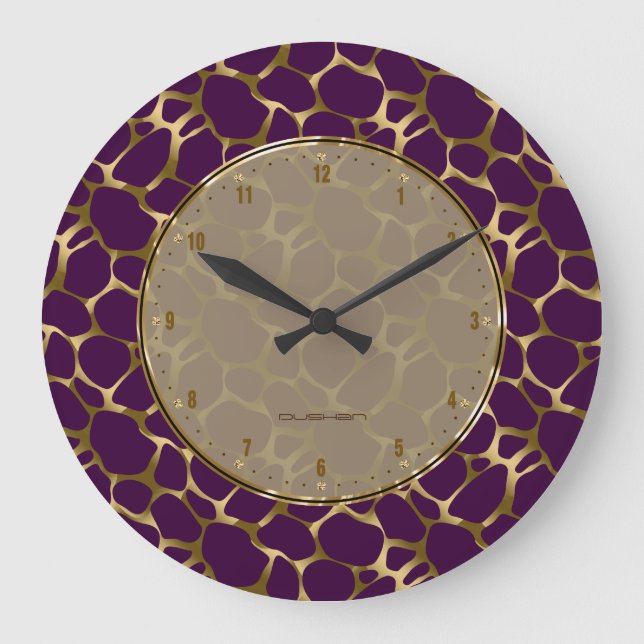Metallic Faux Gold & Purple Leopard Print Large Clock (Front)