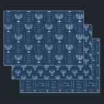 Metallic Filigree Hanukkah Menorah Wrapping Paper Sheet<br><div class="desc">Here we have a lovely wrapping paper sheet set perfect for the holiday season. The first sheet features a metallic filigree menorah and the words Peace, Love, Light inside of a decorative frame on a dark blue background. The second sheet features a metallic filigree menorah on a dark blue background...</div>