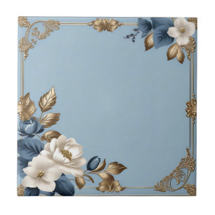 Metallic Floral Blue And Gold Ceramic Tile