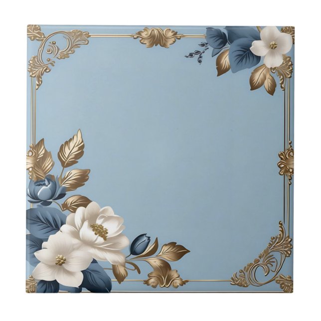 Metallic Floral Blue And Gold Ceramic Tile (Front)