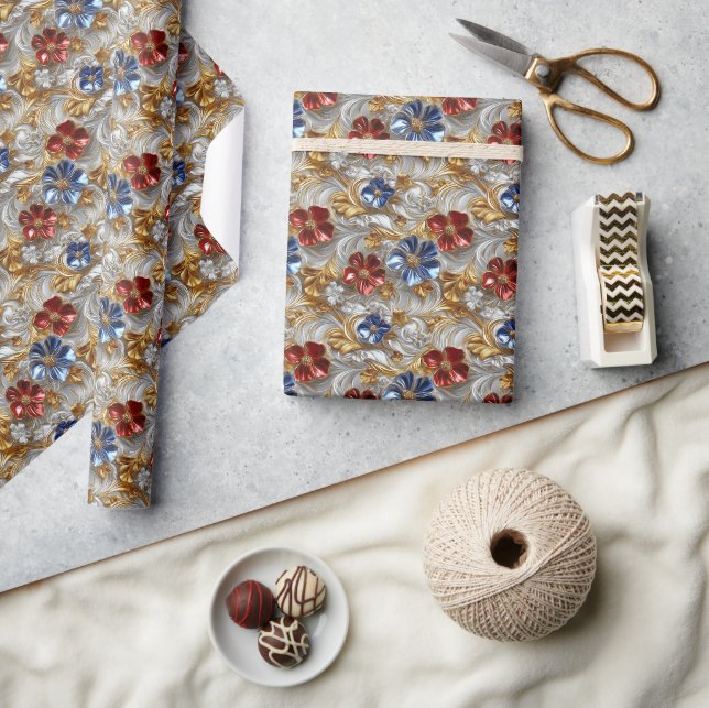 Metallic Floral Pattern with Gold and Silver Wrapping Paper (Crafts)