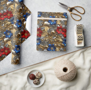 Metallic Floral Pattern with Gold and Silver Wrapping Paper