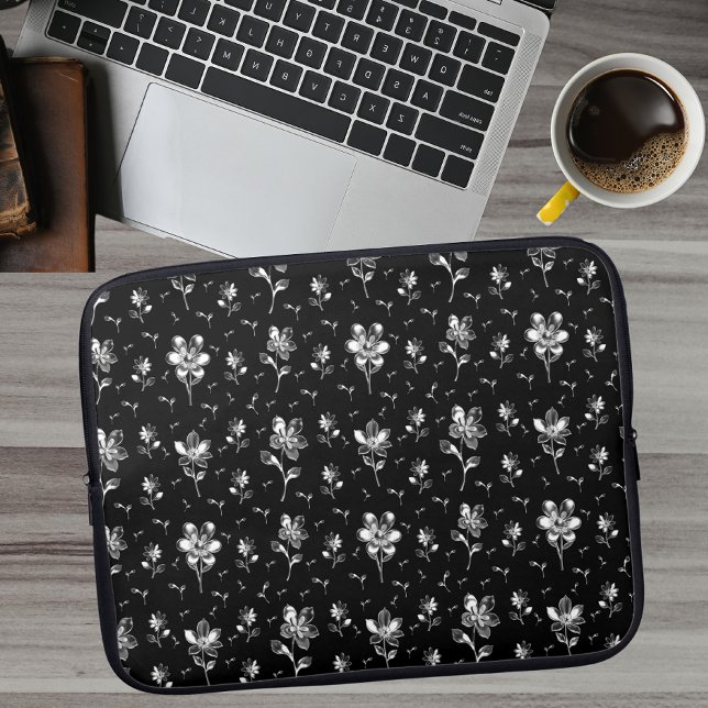 Metallic Flowers Black And Silver Floral Pattern Laptop Sleeve (Creator Uploaded)