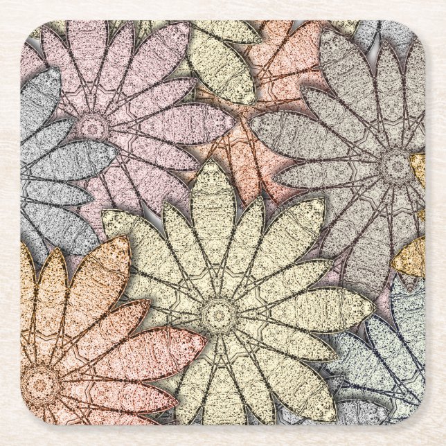 Metallic Flowers Square Paper Coaster (Front)