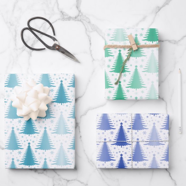 Metallic Foil Blue Green Pine Trees Wrapping Paper Sheet (Front)