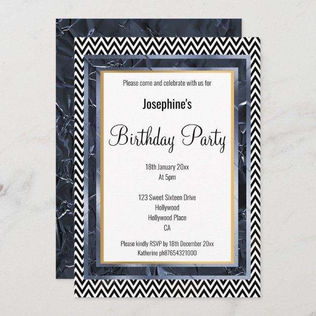 METALLIC FOIL BLUE LAYER CHEVRON BIRTHDAY INVITATION (Front/Back)