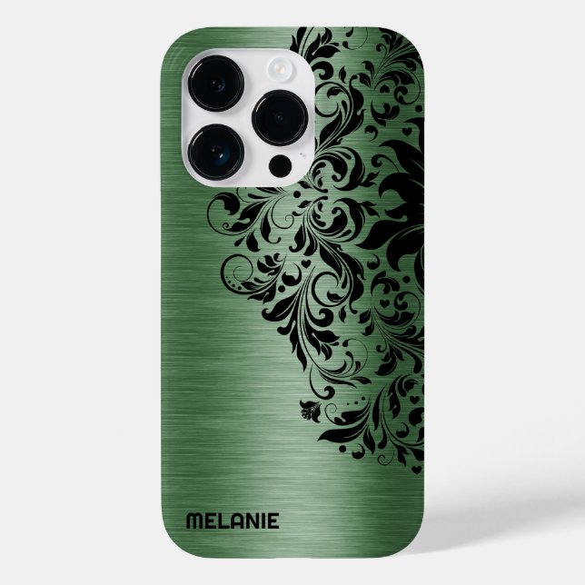 Metallic Forest Green Texture Black Lace & Text Case-Mate iPhone Case (Back)