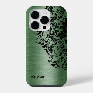 Metallic Forest Green Texture Black Lace & Text iPhone 14 Pro Case