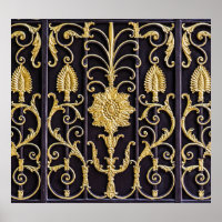 Metallic gate, intricate pattern design.