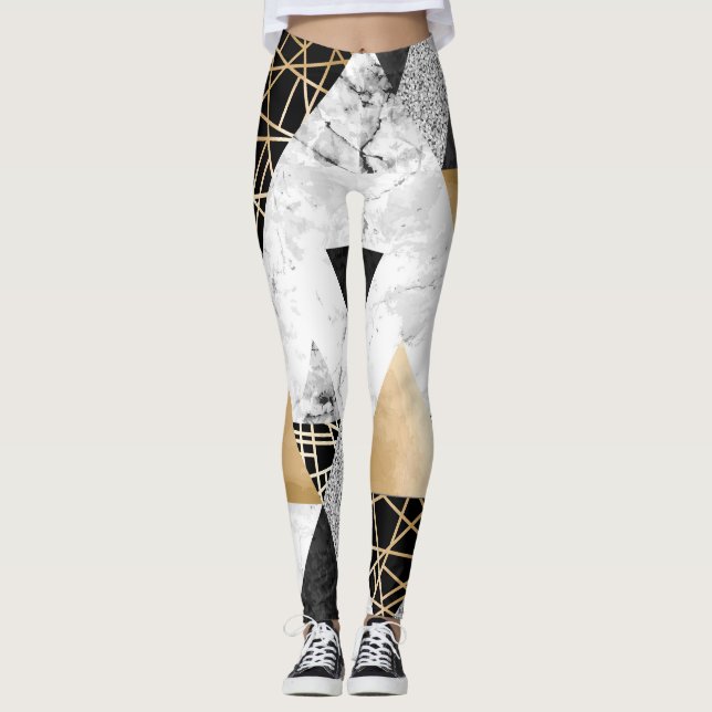 Metallic Geometric: Gold Silver Marble Leggings (Front)