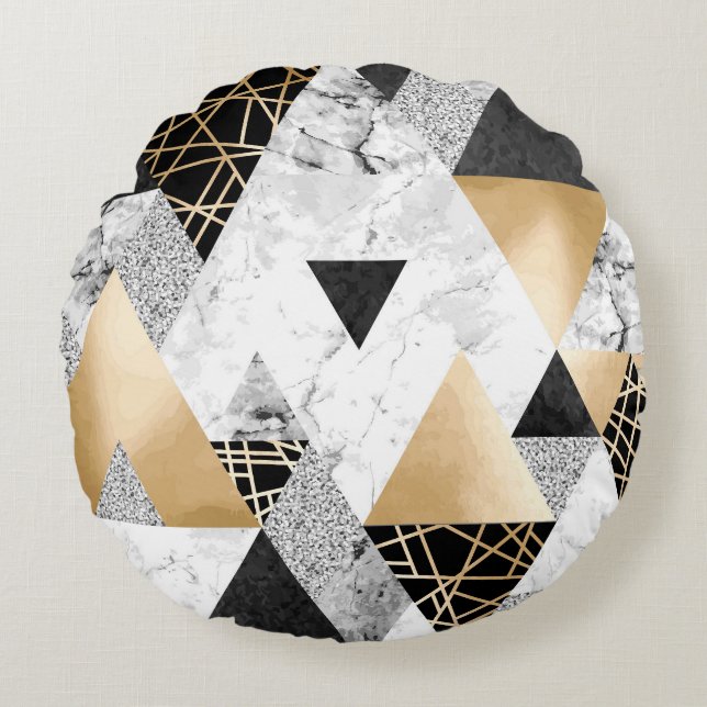 Metallic Geometric: Gold Silver Marble Round Cushion (Front)