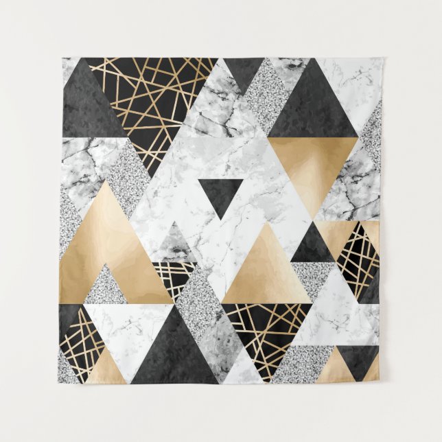Metallic Geometric: Gold Silver Marble Tapestry (Front)
