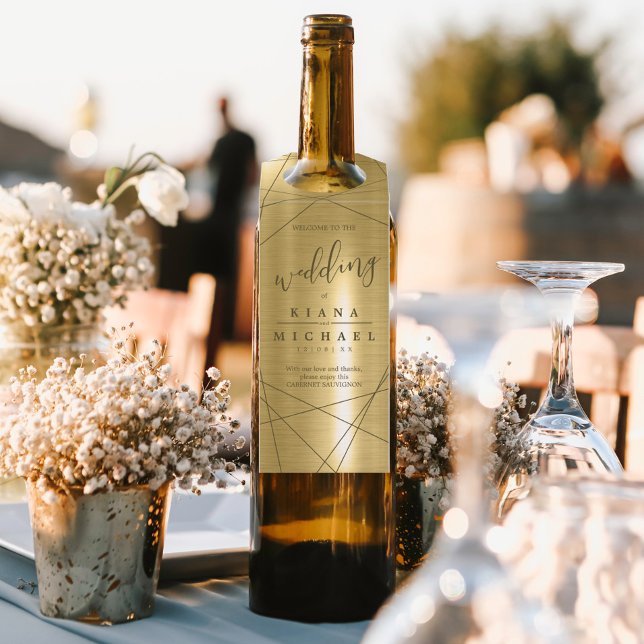 Metallic Geometric Wedding Gold ID648 Bottle Tag (Wine Bottle In Situ)
