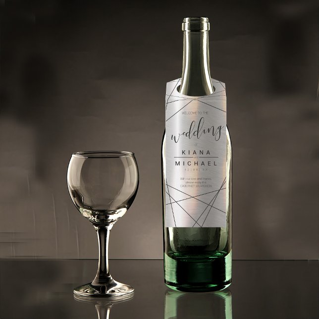 Metallic Geometric Wedding Silver/Black ID648 Bottle Tag (Wine Bottle In Situ)