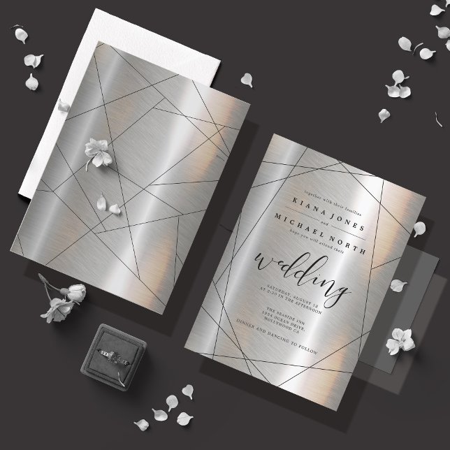 Metallic Geometric Wedding Silver/Black ID648 Invitation (Front/Back In Situ)