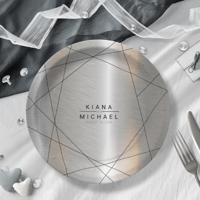 Metallic Geometric Wedding Silver/Black ID648 Paper Plate (Creator Uploaded)