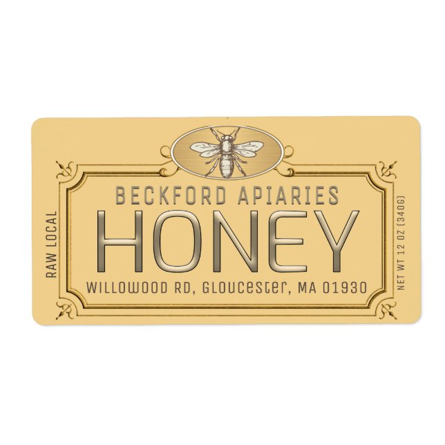 Metallic Gold 3D Framed Honey Label with Bee  (Front)