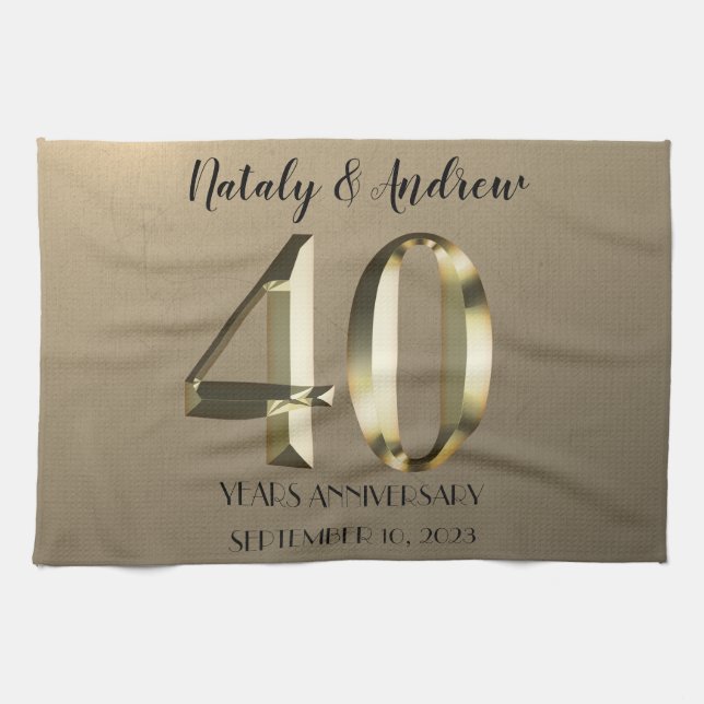 Metallic Gold 40th Wedding Anniversary Tea Towel (Horizontal)